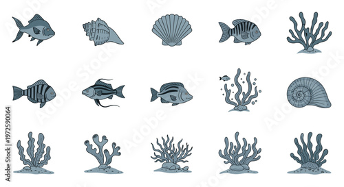 Meticulous set of monochromatic blue sea life icons featuring striped fish and spiraled shells arranged neatly on a clean white background surface area.