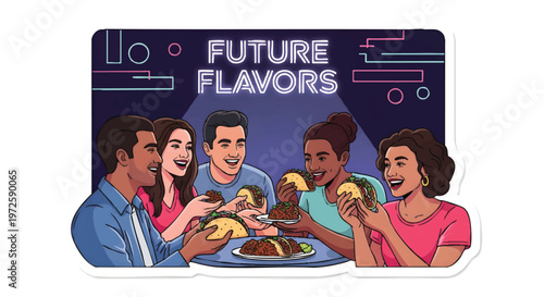 Friends enjoying food together with futuristic flavors concept