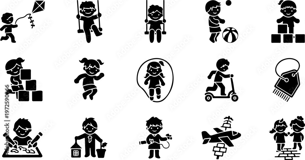 Fototapeta premium Minimalist Children Play and Learning Activity Vector Icon Set 