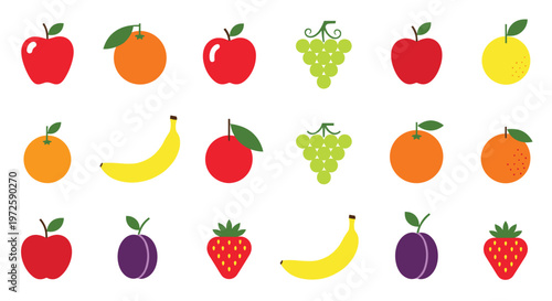 Pristine collection of flat minimalist fruit icons featuring vibrant red apples and purple plums organized in rows on a clean white background for health.