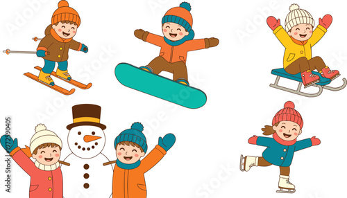 Set of happy children enjoying winter activities including skiing snowboarding ice skating sledding and building a snowman vector illustration.