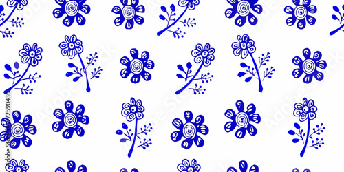 Blue floral pattern with whimsical hand drawn style flowers and stems
