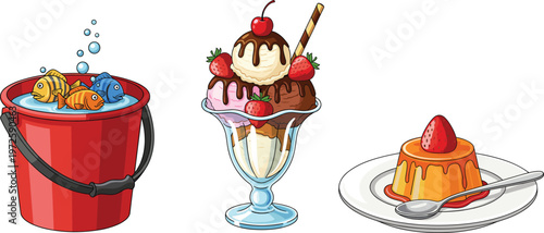 Vector Illustration Set Featuring Colorful Tropical Fish in a Red Bucket, Triple Scoop Ice Cream Sundae, and Sweet Caramel Custard Pudding