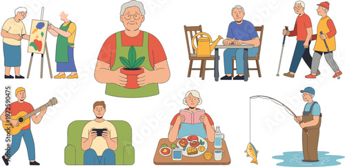 Set of senior people enjoying various hobbies including painting gardening walking fishing playing guitar reading and gaming flat vector illustration.