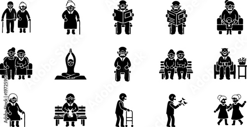 Senior Citizen Lifestyle and Daily Activity Icon Set                                                                                                                           