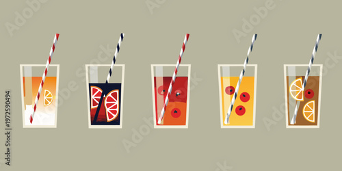 Five glasses of colorful beverages with fruit garnishes and striped straws