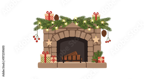 Meticulous illustration of a cozy stone fireplace decorated with a festive evergreen garland and glowing lights for a warm holiday atmosphere at home.