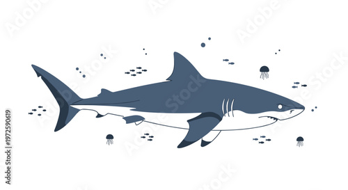 A majestic blue shark glides gracefully through a minimalist underwater scene featuring delicate jellyfish and tiny schooling fish against a pristine white backdrop.