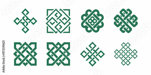Collection of eight green celtic knotwork designs on a white background