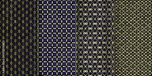 Four patterned fabric swatches with geometric and diamond motifs