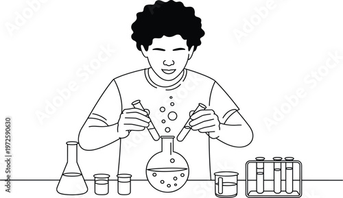 Scientist in white coat mixing colorful chemicals in laboratory glassware chemistry safety goggles d