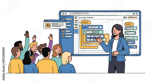 Businesswoman presenting to diverse team in front of large computer screen