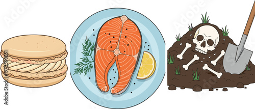 Vector Sticker Collection Featuring a French Vanilla Macaron Cookie, Fresh Salmon Steak with Lemon, and a Spooky Human Skull Buried in Dirt with Shovel