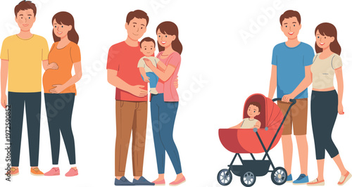 Happy young family stages set with pregnant woman newborn baby and couple walking with red stroller isolated flat vector illustration design.