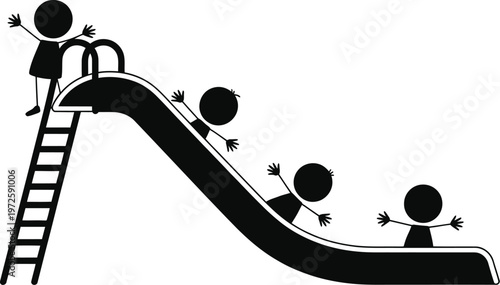 Happy children playing on a playground slide silhouette vector illustration featuring kids sliding down and climbing ladder on white background.