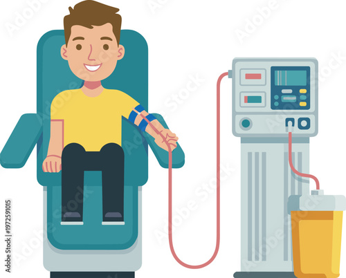 Smiling young man sitting in medical chair donating plasma or blood with apheresis machine and yellow liquid bag vector illustration.