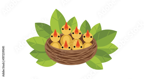 Six adorable stylized yellow chicks with large black eyes huddle together inside a simple brown nest framed by vibrant green oval leaves on white.
