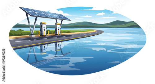 solar powered gas station by serene lake with mountains