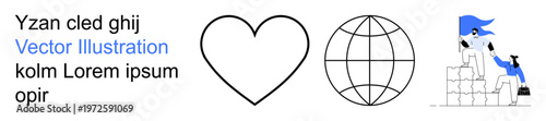 Community building, global connection, teamwork, collaboration, social impact, empowerment. Minimalistic heart, globe and helping hands. Community building and global connection concepts