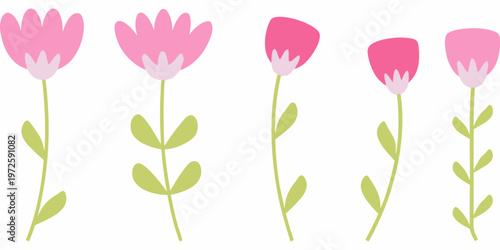 Stylized pink flowers with green stems and leaves on a white background