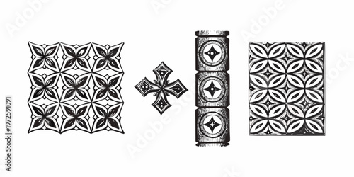 Intricate black and white sketches of ornamental geometric designs and crosses
