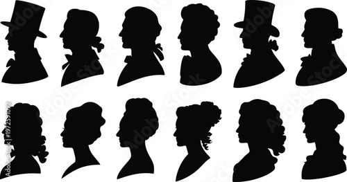 Antique collection featuring black vector silhouettes of Victorian gentleman and lady heads in profile view for nostalgic retro design projects today.