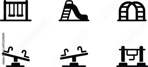 Set of playground equipment icons featuring swings slide climbing frame and see saw black silhouettes isolated on a white background.