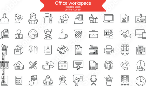 Office workspace editable stroke outline icons set.	
Containing Workplace, desk, coworking, employee, computer and more.