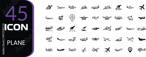 Diverse collection of black and white airplane icons with a bold number 45 and text elements
