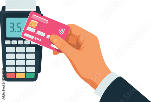 Hand holding pink credit card for contactless payment on electronic terminal machine pos system wireless technology financial transaction vector.