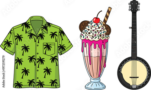 Vibrant Summer Vector Set Including Green Hawaiian Palm Tree Shirt, Large Milkshake with Cherry and Cookies, and Professional Banjo String Instrument Design