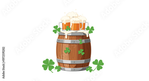 A rustic wooden barrel serves as a stand for three overflowing mugs of frothy golden beer surrounded by vibrant green shamrocks for a celebration.