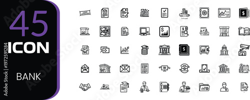 A collection of minimalist black and white icons arranged in a grid with a purple numeric display