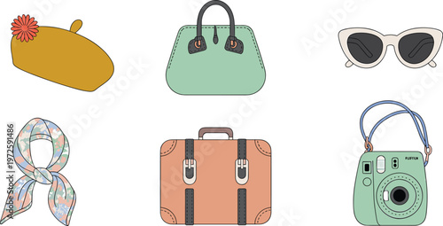 Vintage travel and fashion accessories set including beret handbag sunglasses floral scarf suitcase and instant camera vector illustration for vacation lifestyle concept isolated on white background