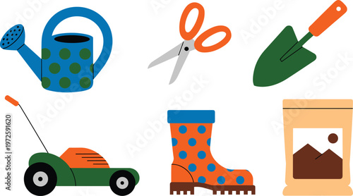 Set of garden tools vector illustration featuring watering can lawn mower rubber boot shovel and scissors for spring gardening and backyard maintenance isolated on white backgroun