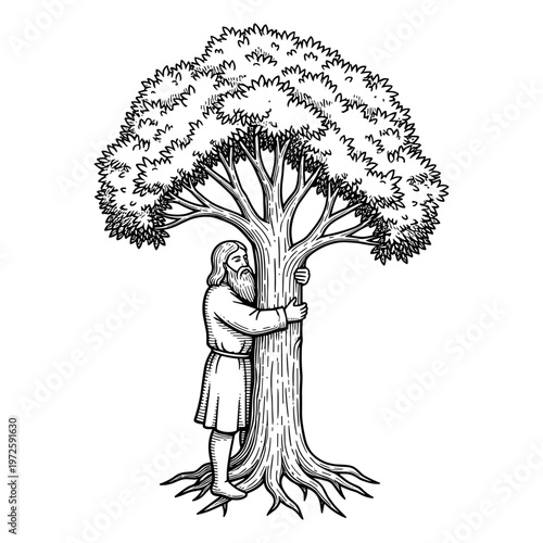 Bearded Man Hugging Large Tree Vintage Sketch