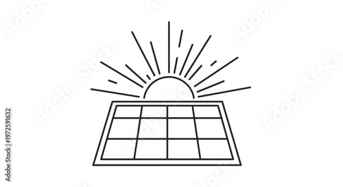 A solar panel generates electricity under the rising sun outdoors in a clean environment with technology.