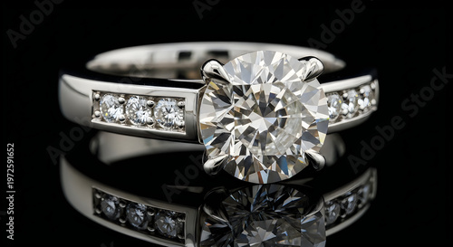Closeup of a diamond ring with small stones on a black reflective surface