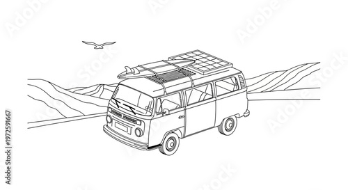 A vintage van drives along a scenic road with mountains and a bird in flight overhead.