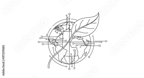 A detailed line drawing depicts a leafy globe with crossed arrows and coordinate lines on a white background precisely.