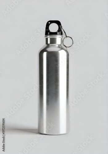 A shiny silver metal water bottle with a black cap and clip on a light gray background