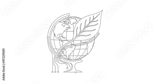 Illustration of a globe with a leaf wrapped around it on a stand in a simple line art style generated for whisks