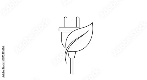 An illustration of a leaf wrapped around an electrical plug depicts eco-friendly technology integration in a simple line drawing style indoors.