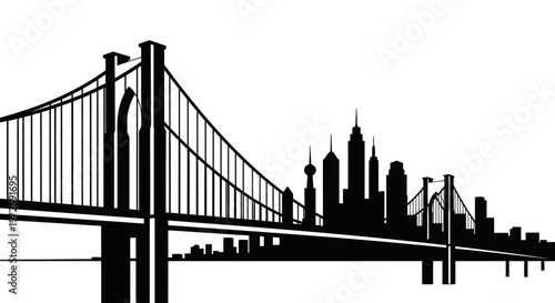 A suspension bridge stretches across a cityscape with a prominent skyline at dusk, featuring skyscrapers and urban landscape, whisk-generated-1775100835903-1.