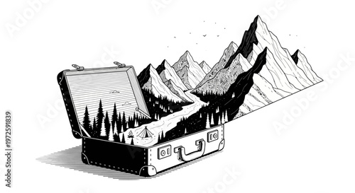 A suitcase opens to reveal a scenic mountain range with trees and peaks emerging from it in a serene natural landscape.