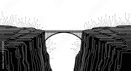 A surreal bridge spans a deep gorge with rugged cliffs and abstract lines on a sunny day viewed from a side angle.