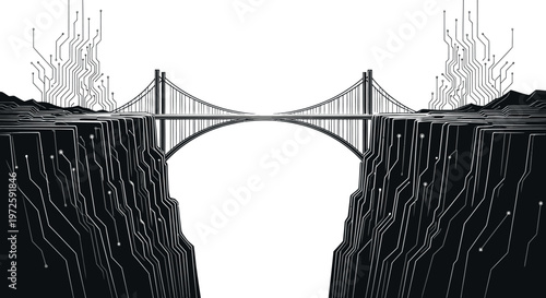 An illustration of a bridge spanning a deep chasm with abstract trees on either side, showcasing a blend of industry and nature.