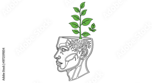 A person's head with a plant sprouting from it, showcasing nature and growth in a symbolic illustration.