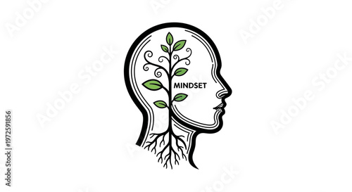 An illustration of a human head with a sprouting plant growing inside representing mindset and growth in a conceptual artwork.