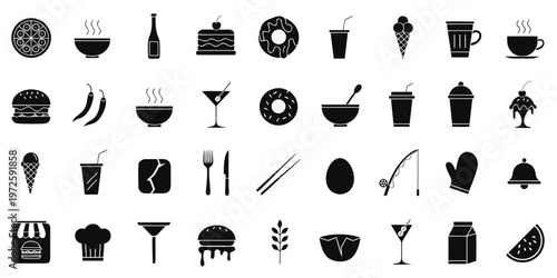 A diverse collection of wine bottles and glasses featuring black vector silhouette icons for restaurant drinks, alcohol bottle symbols, and kitchen glassware design illustrations